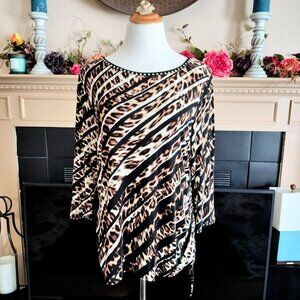 Ruby Rd Studded Knit Top L Diagonal Stripe Leopard Multi 3/4 Sleeve Side Tie